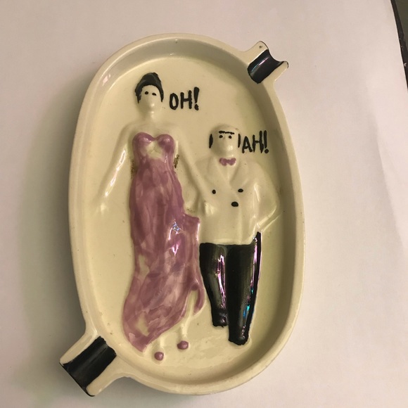 Vintage Oh! ah! British Ashtray Hand painted Double Holder Blk & white w/ couple - Picture 2 of 2
